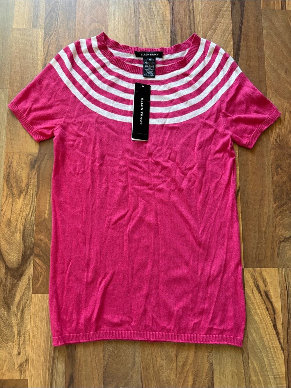 Ellen Tracy Hot Pink Short Sleeve Knit Top with White Striped Yoke NWT